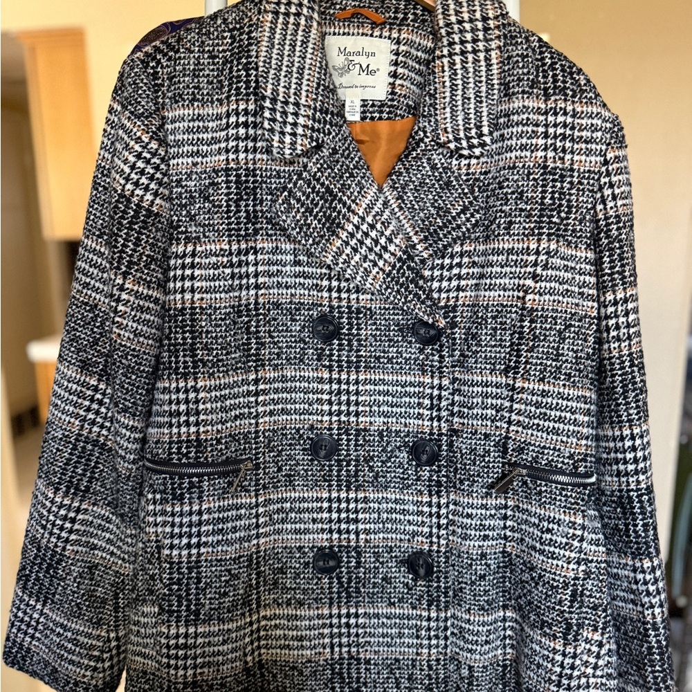 Maralyn & Me Black and White Plaid Pea Coat